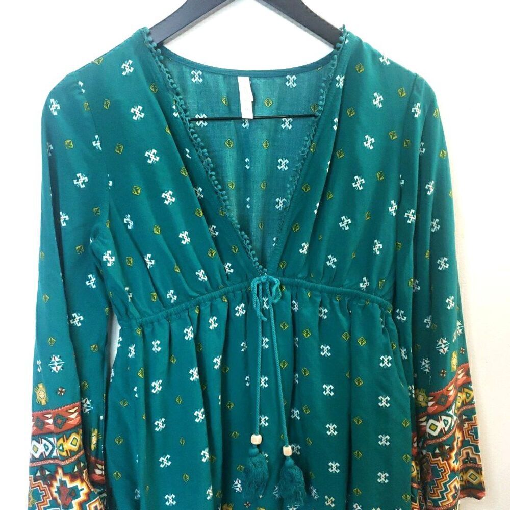 Boho Teal Green V-Neck Mini Dress Tie Waist Peasant Bell Sleeve Country Size M - Picture 3 of 11
